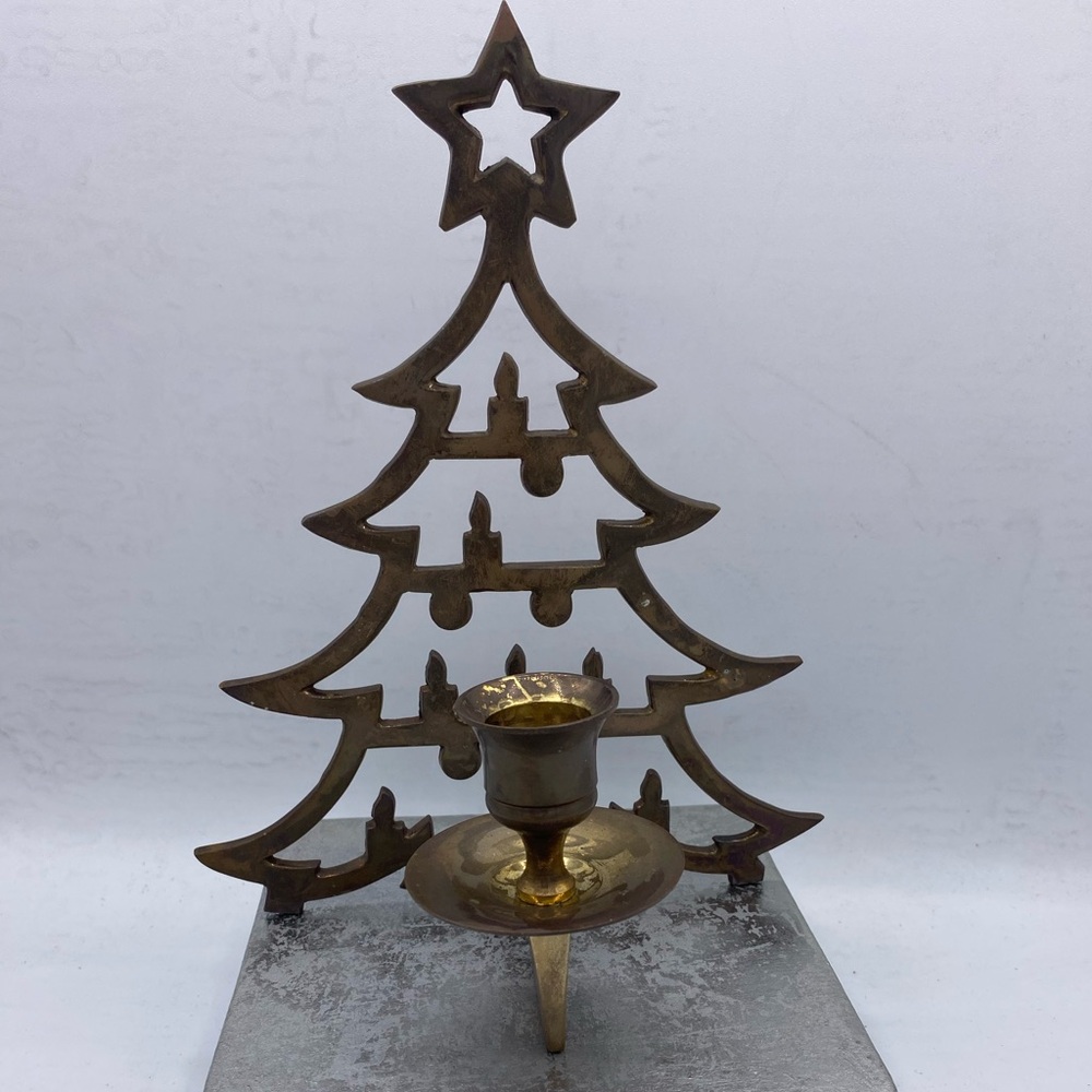 Vintage Brass Christmas Tree Shaped Table Top Candle Holder Holiday Decor - Picture 3 of 7